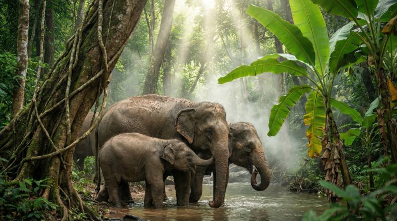 丛林象群沐浴晨光图片