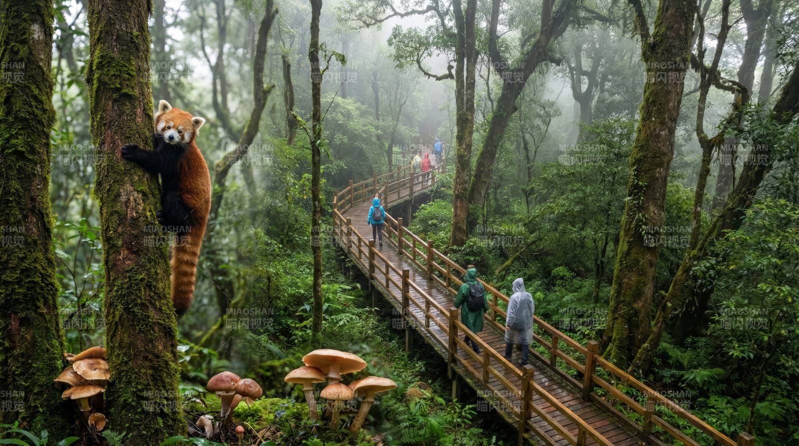 红熊猫栖息于雾林图片