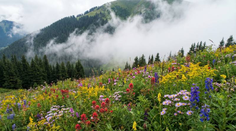 山间花海云雾缭绕图片