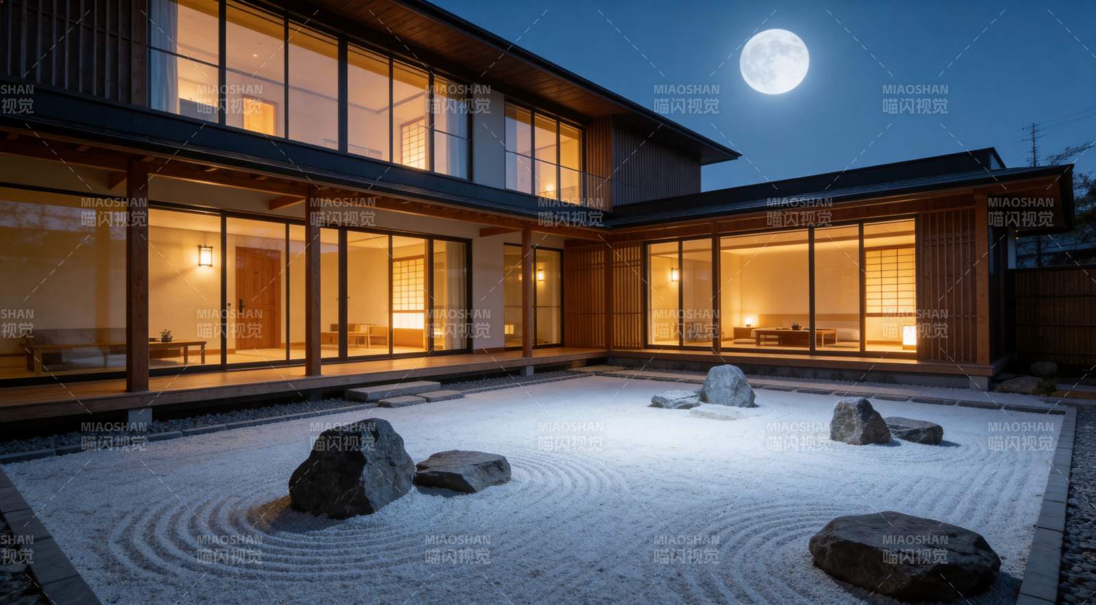 月下禅意庭院图片