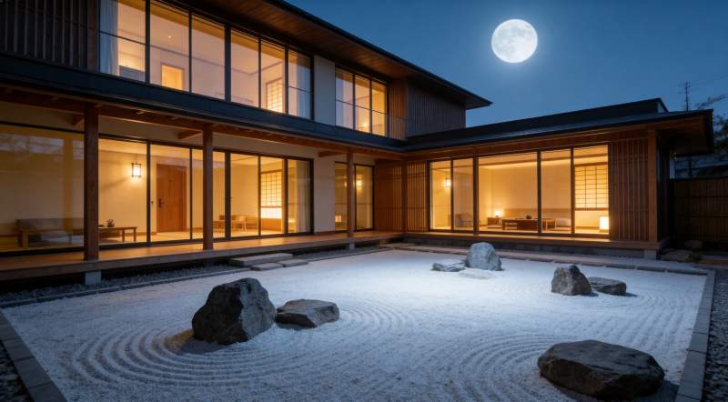 月下禅意庭院图片