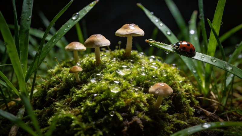 雨后草丛小菇与瓢虫图片