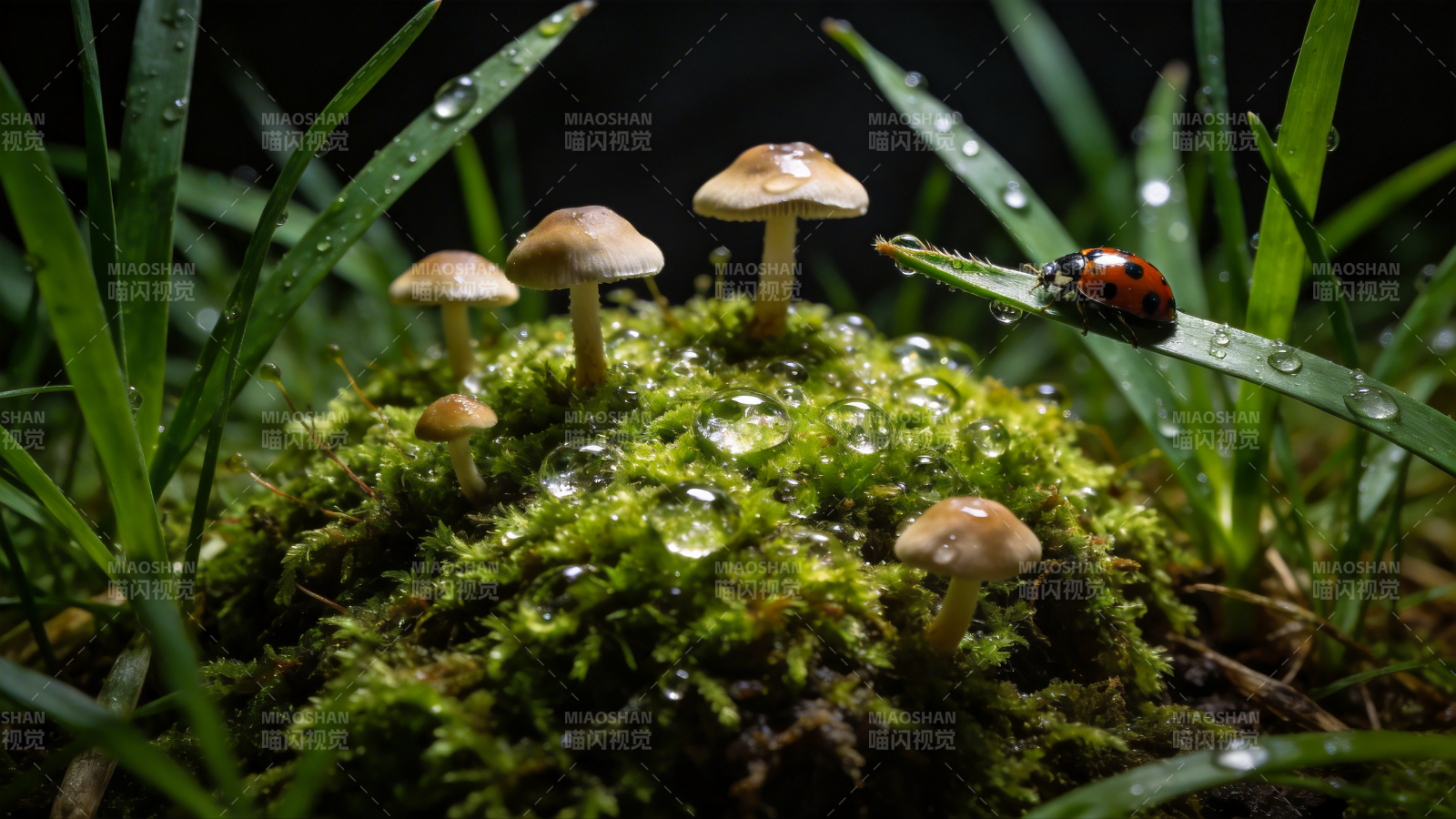 雨后草丛小菇与瓢虫图片