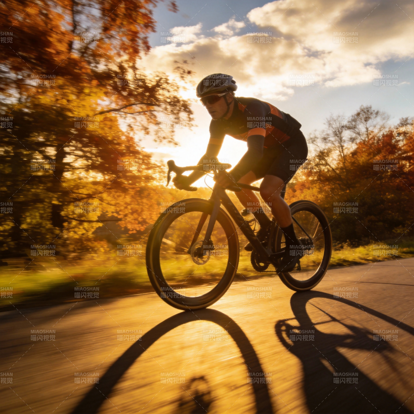 秋日骑行剪影图片