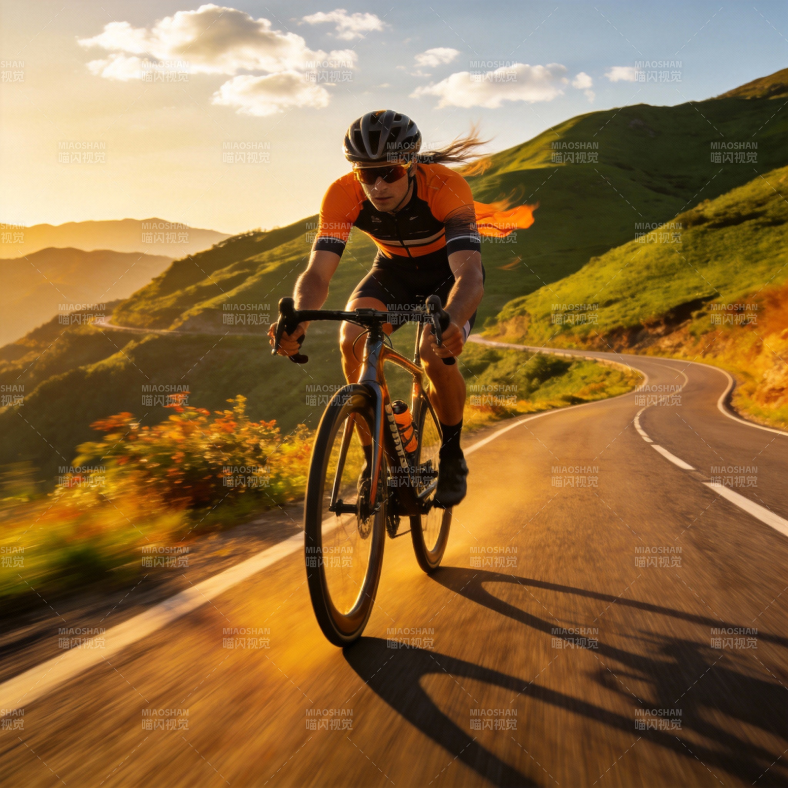 山间骑行追日光图片