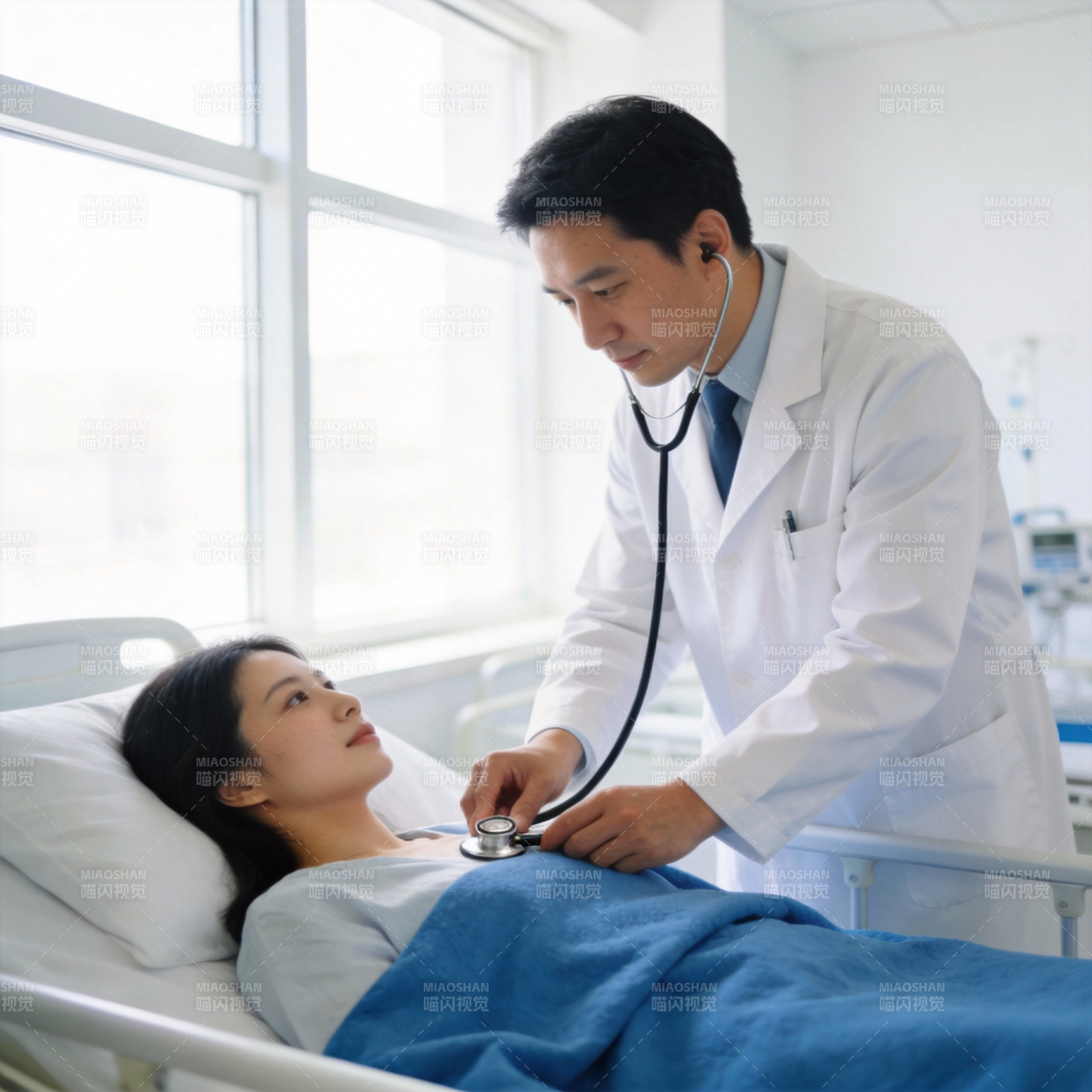 医生查房听诊患者图片
