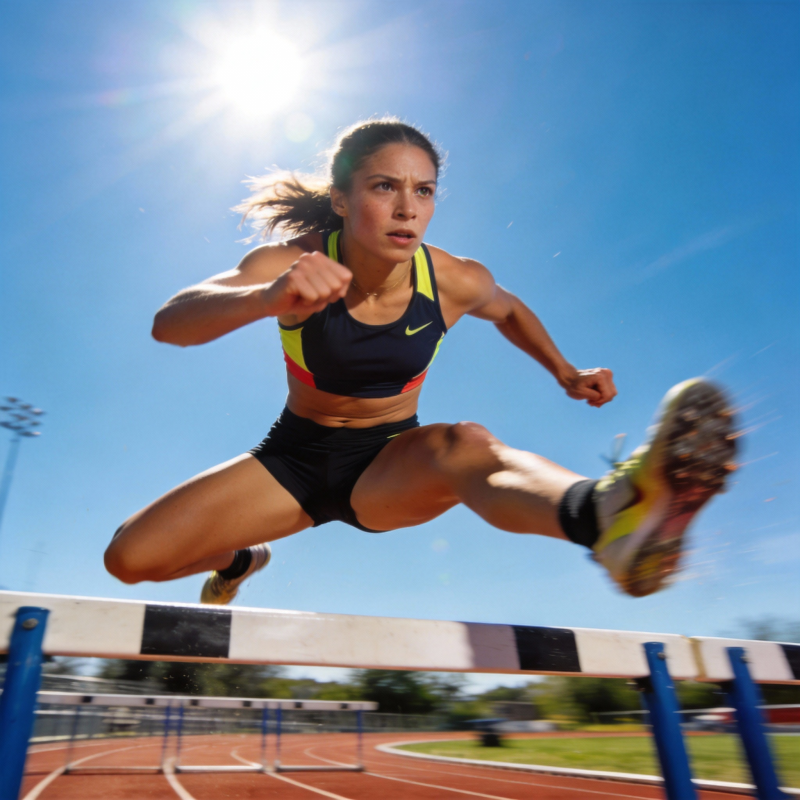 跨栏女将跃过障碍图片