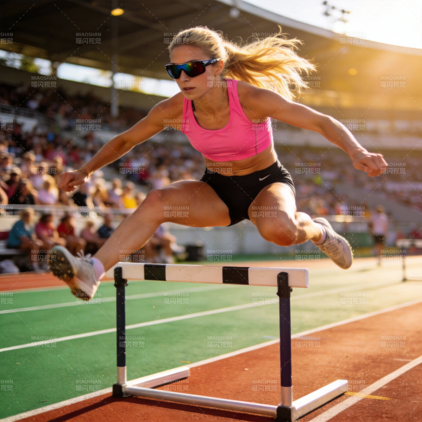 跨栏女将跃过障碍图片