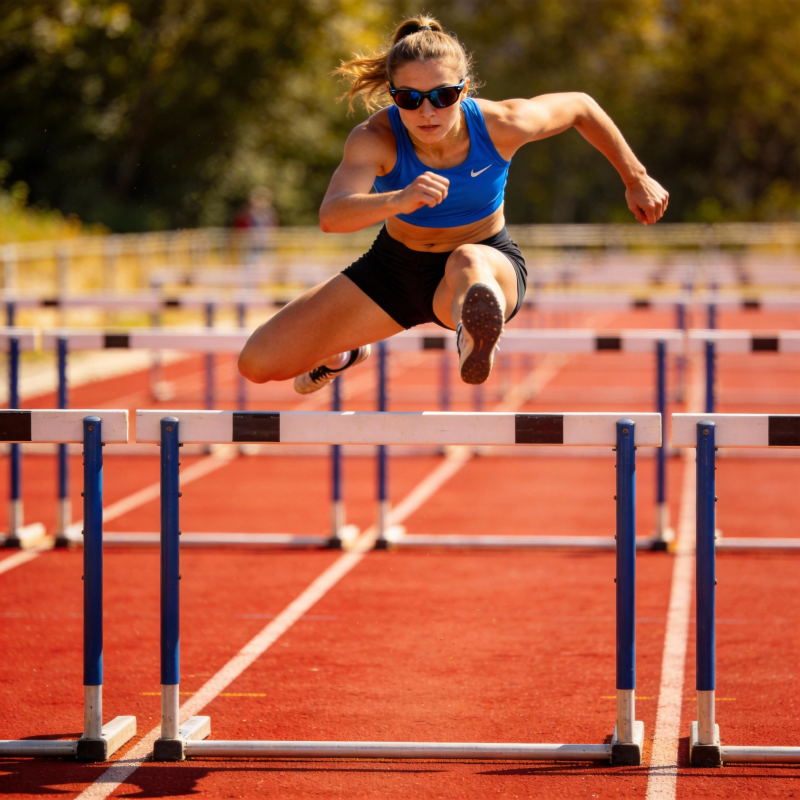 跨栏女将跃过障碍图片