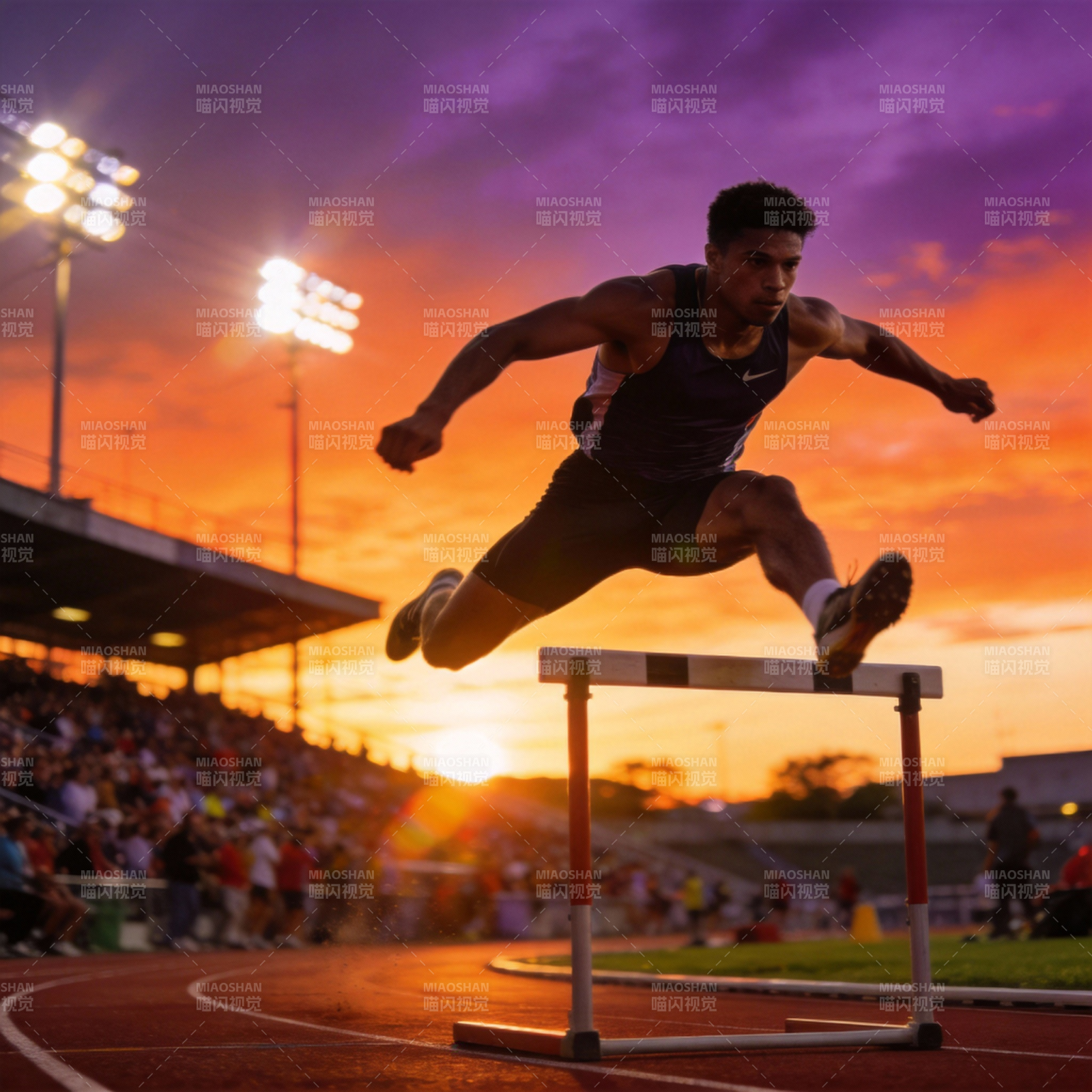 跨栏飞跃夕阳图片