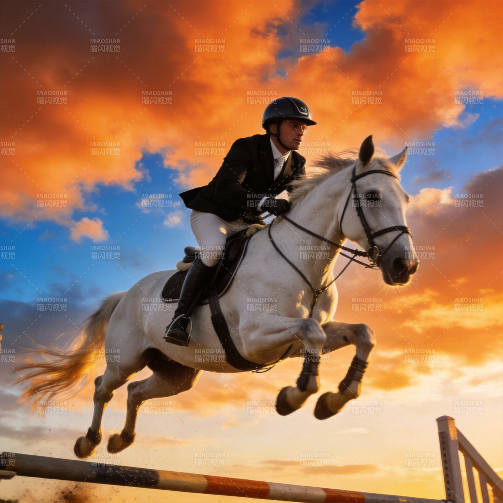 骏马飞跃夕阳图片