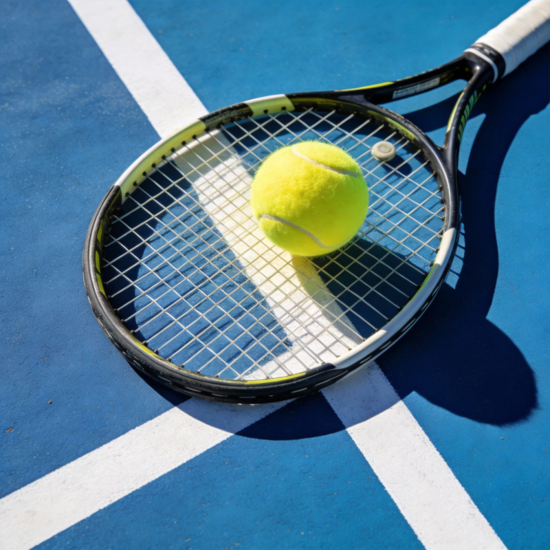 网球拍与球静置球场图片