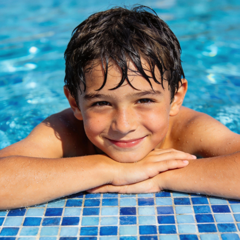 泳池边的微笑男孩图片