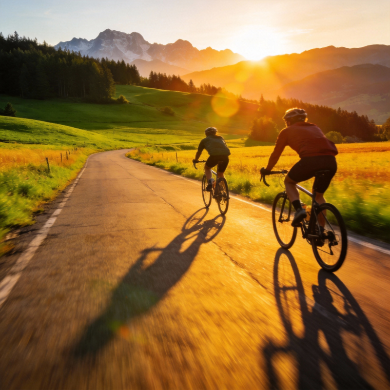 骑行山间日落时图片