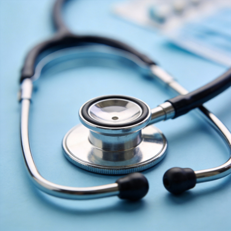 听诊器静置蓝布上图片