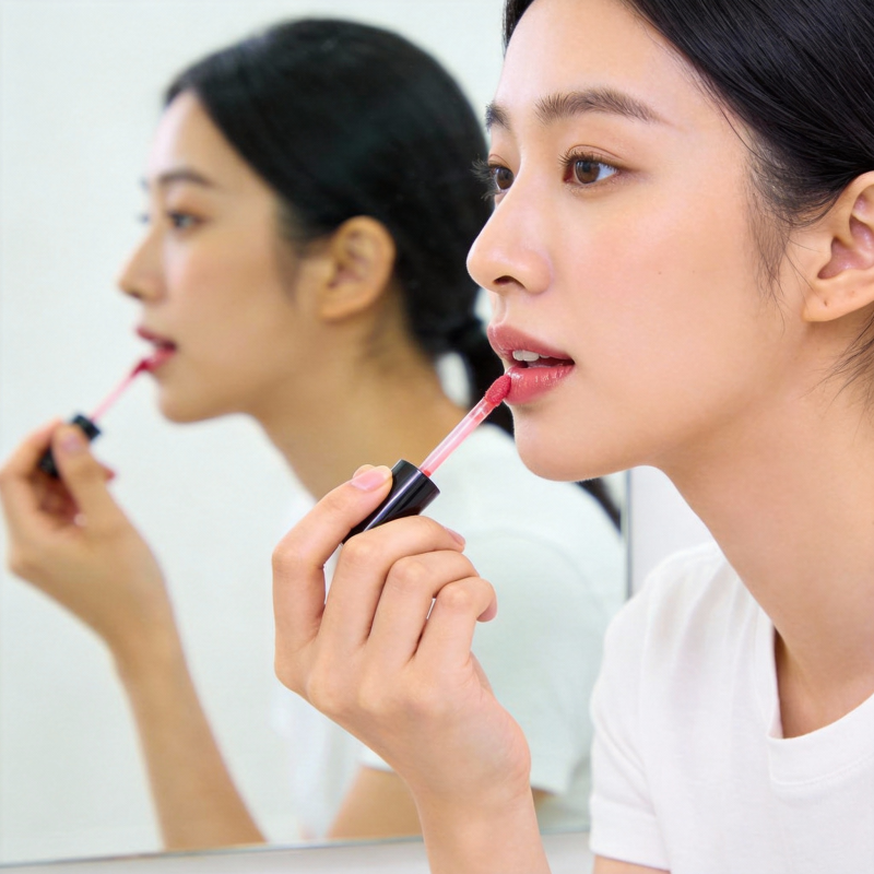 镜前涂唇彩图片