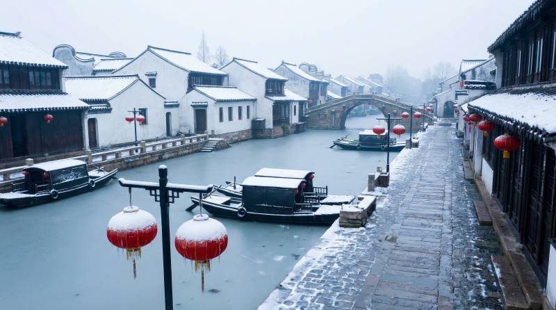 雪中古镇水乡景图片