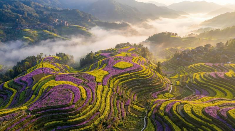 梯田花海晨雾图片