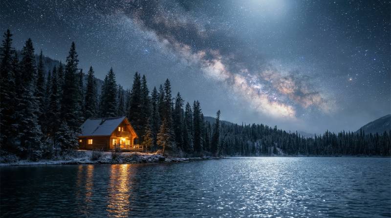 湖畔小屋夜景图片