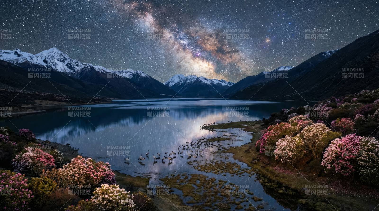 星河映湖山花图片