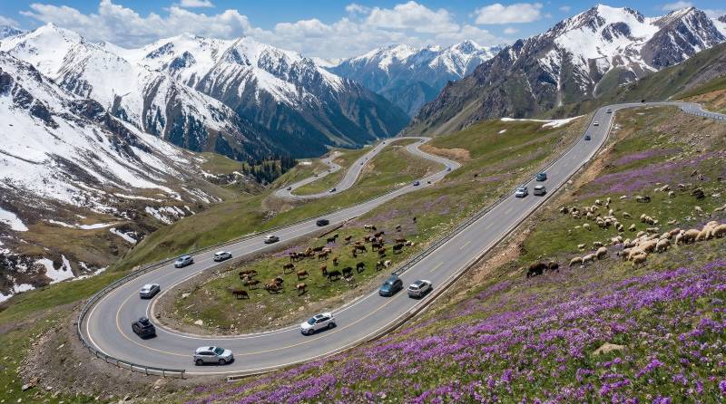 雪山公路花海行图片
