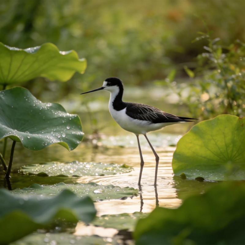 黑颈长脚鹬栖息荷塘图片