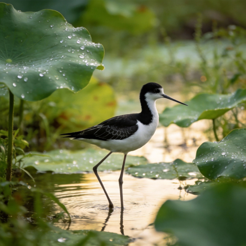 黑颈长脚鹬栖息荷塘图片