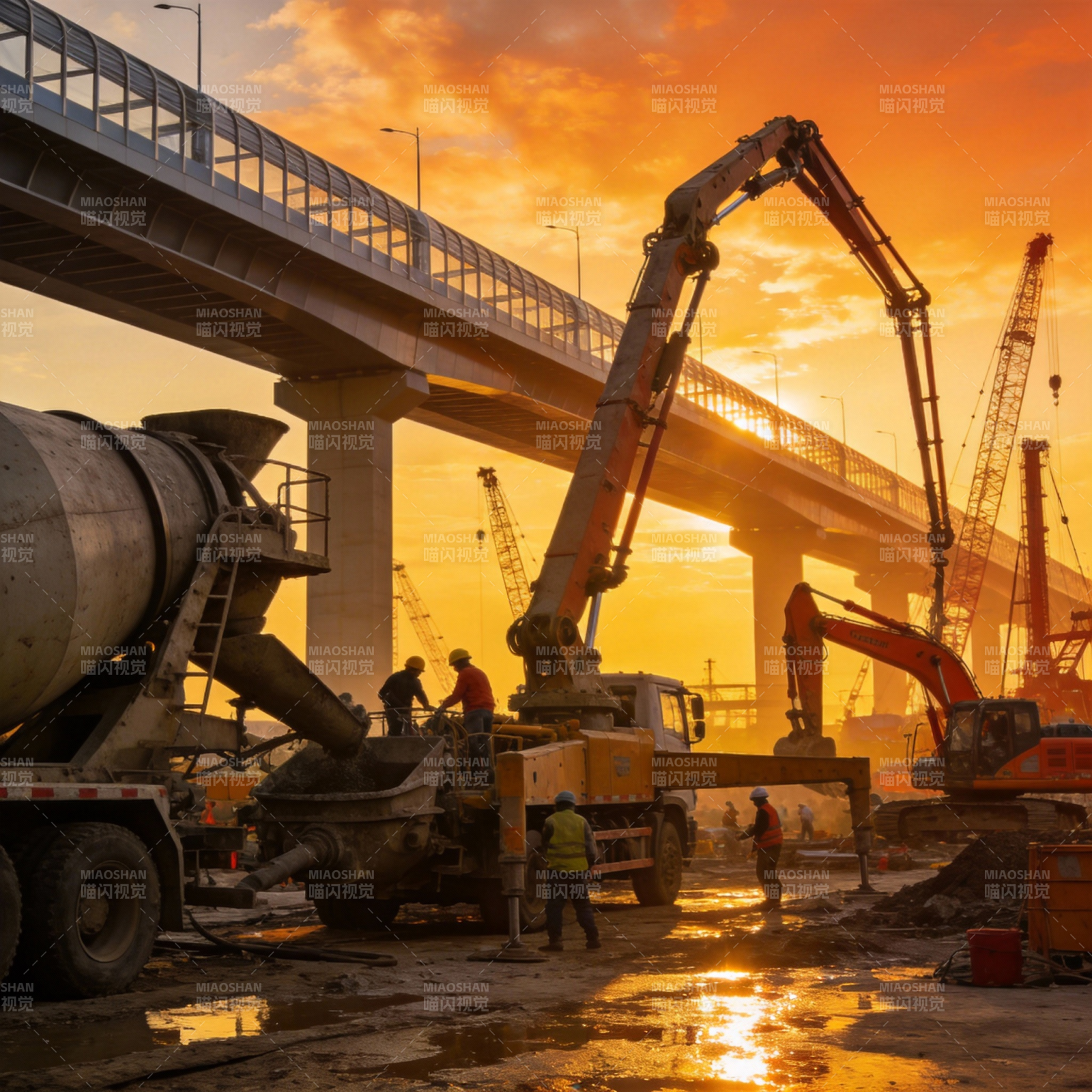 夕阳下的工地剪影图片