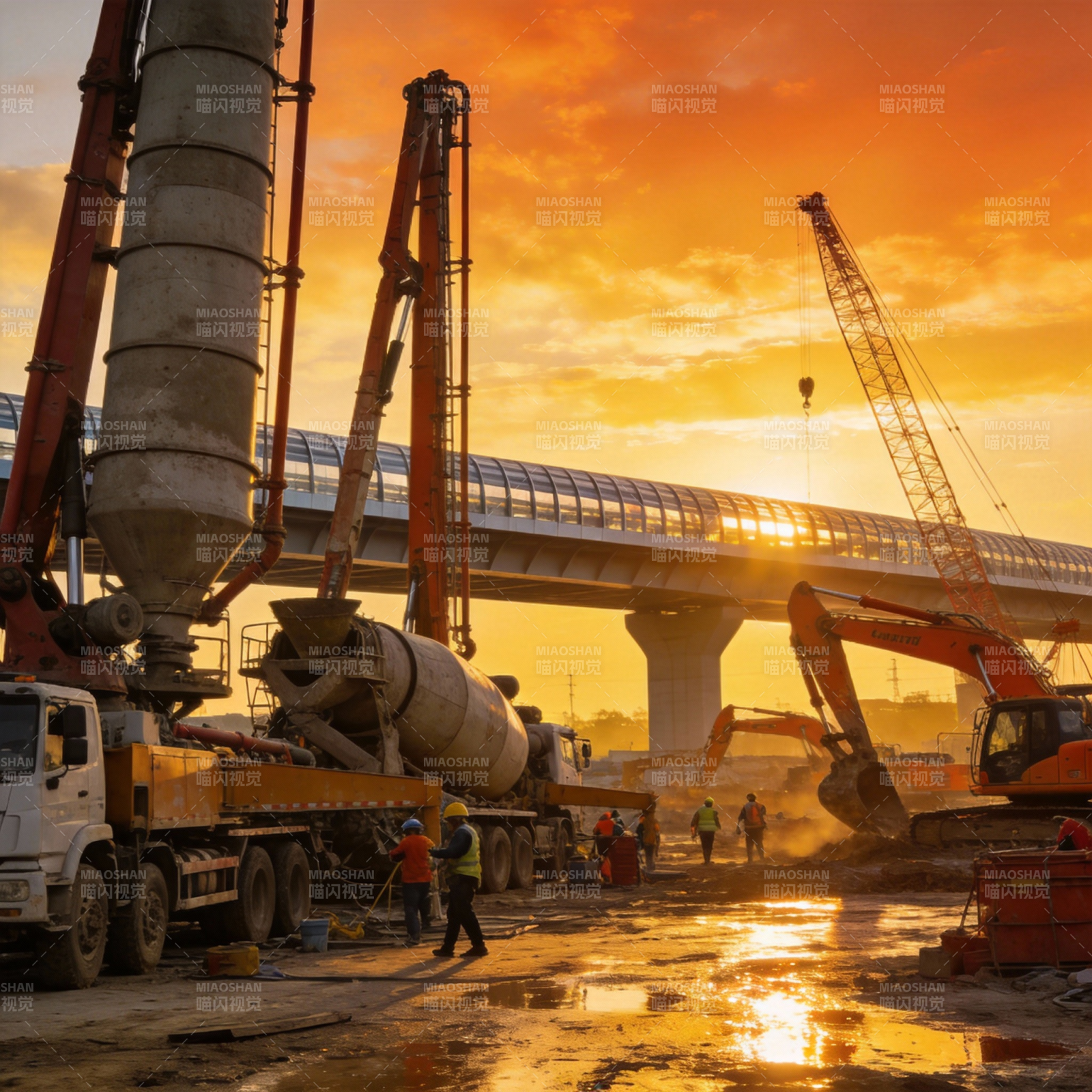 夕阳下的工地繁忙图片