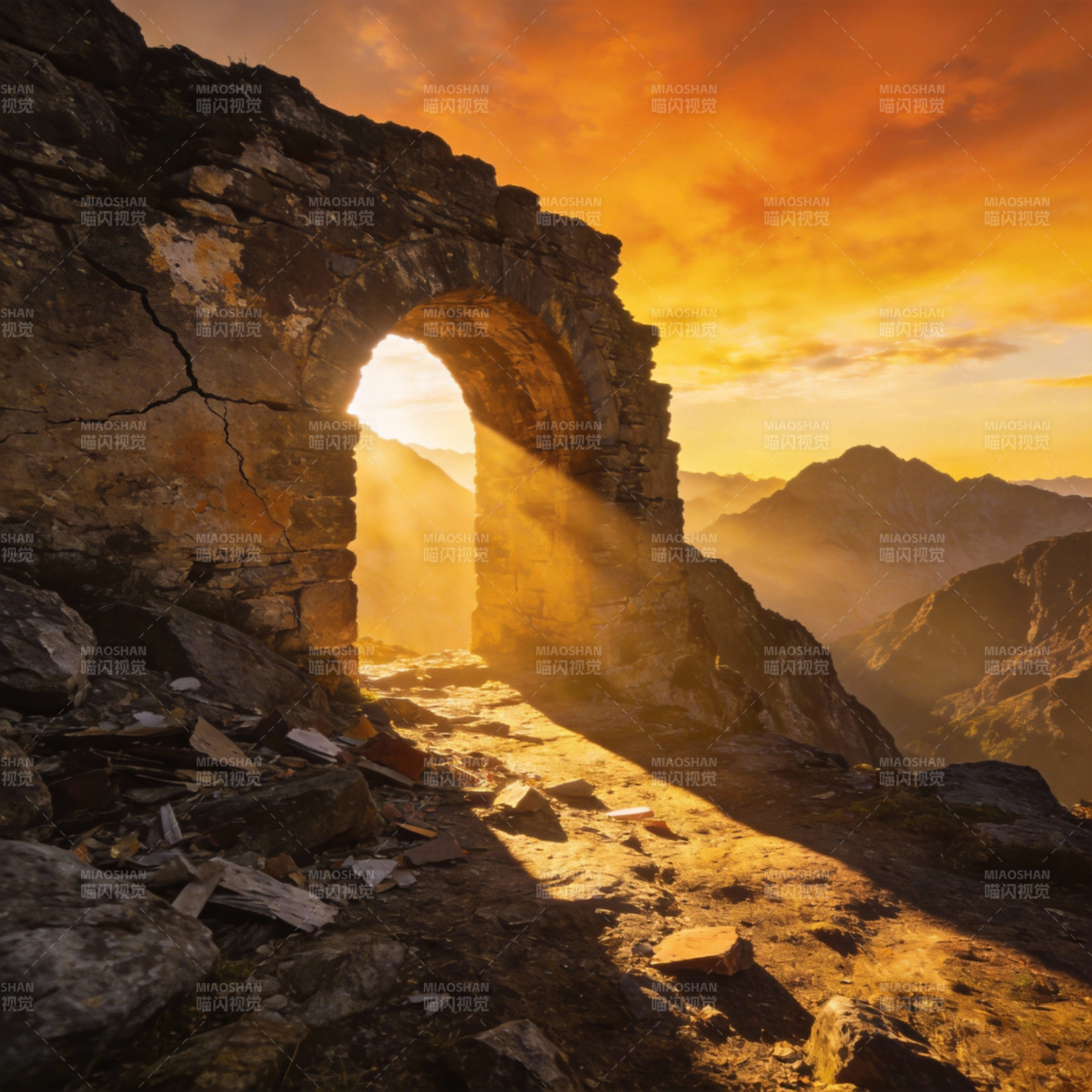 山巅古拱日出图片