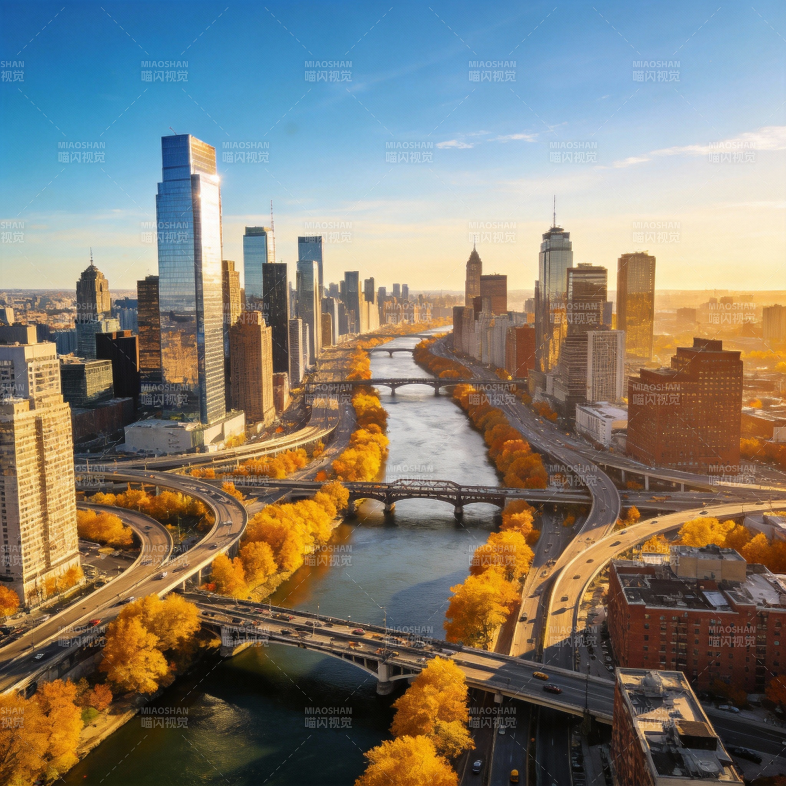 秋日都市河景图片