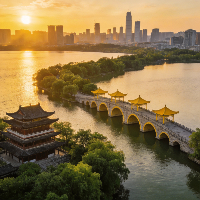 湖畔古桥映夕阳图片