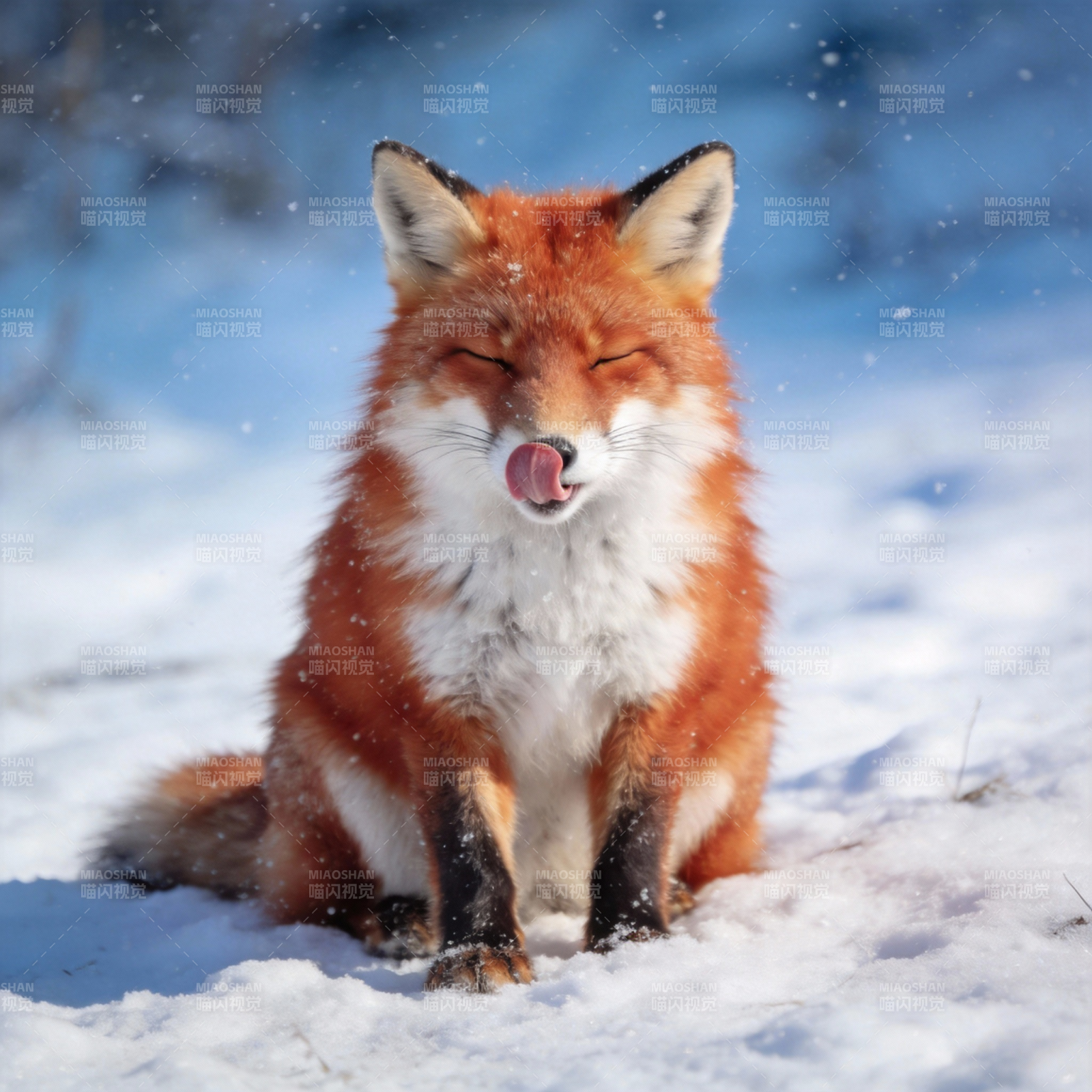 雪中红狐舔唇图片