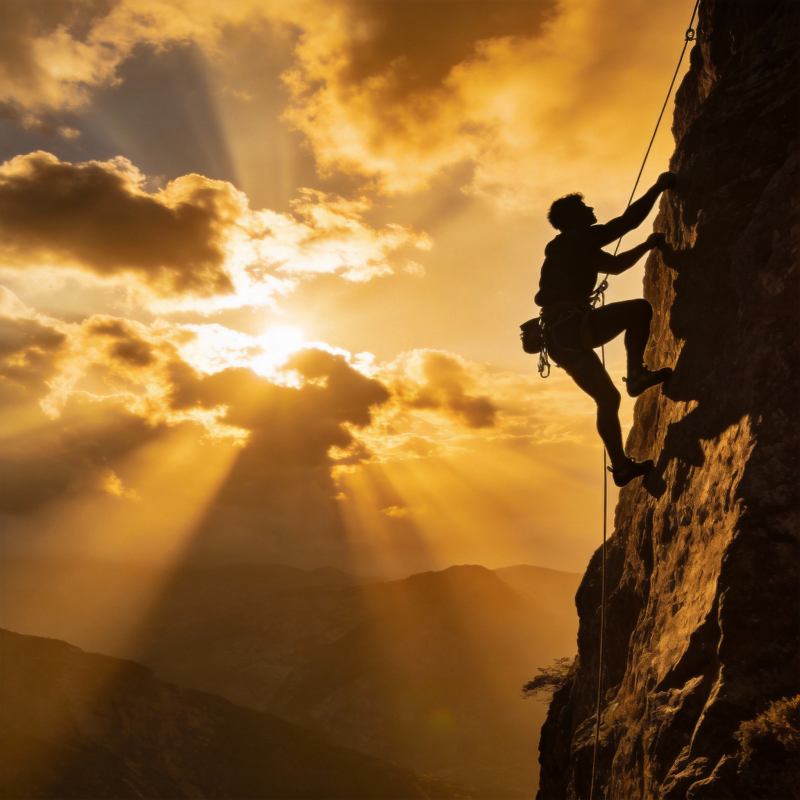 攀岩者逆光登顶图片