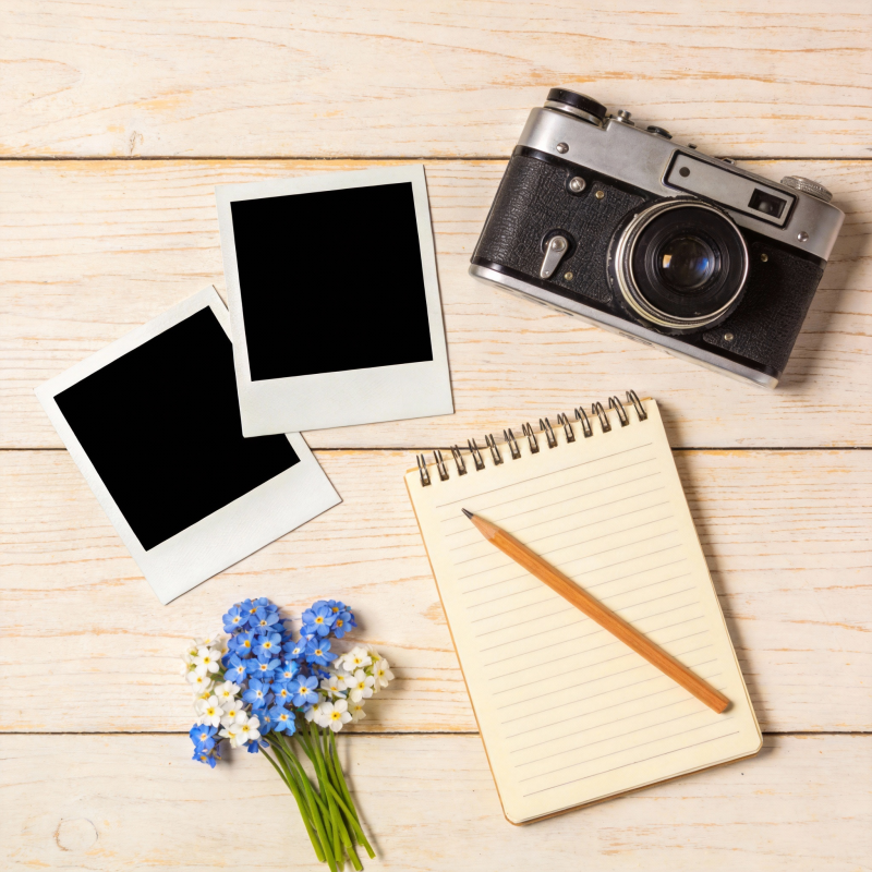 相机与花的静物图片