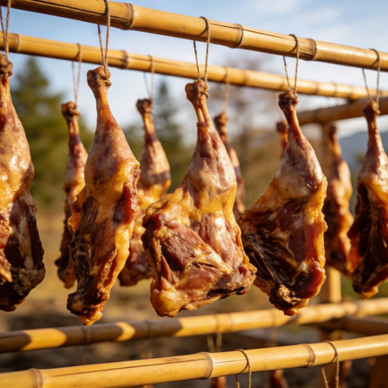 风干鸭腿悬挂竹架图片
