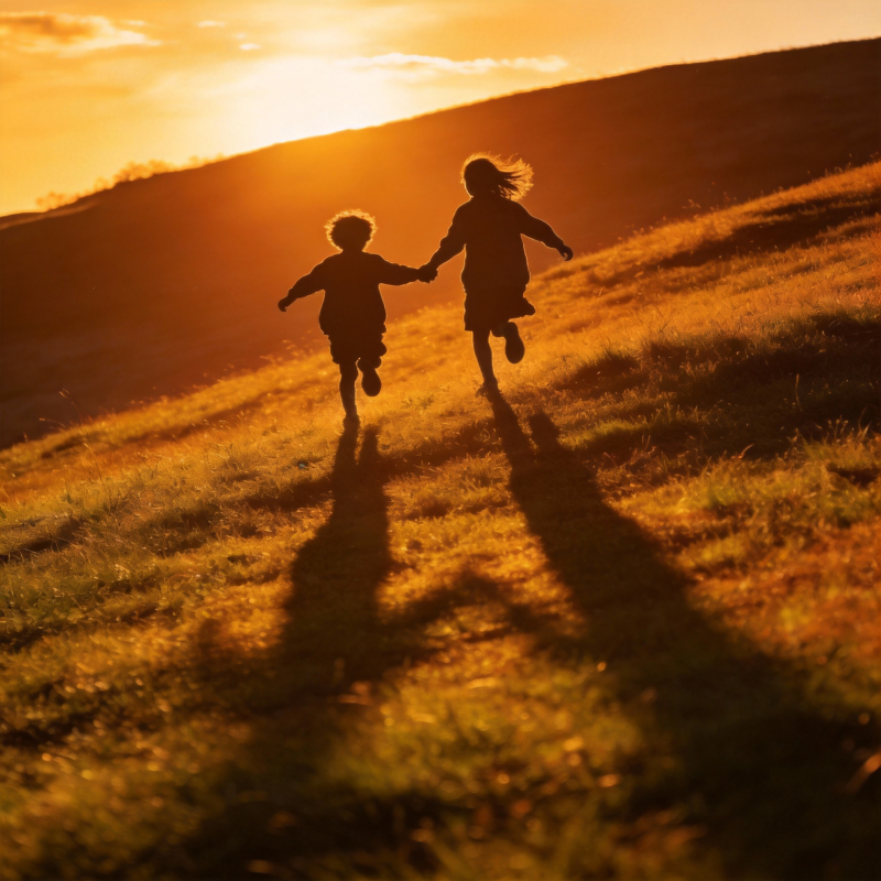 夕阳下奔跑的童影图片