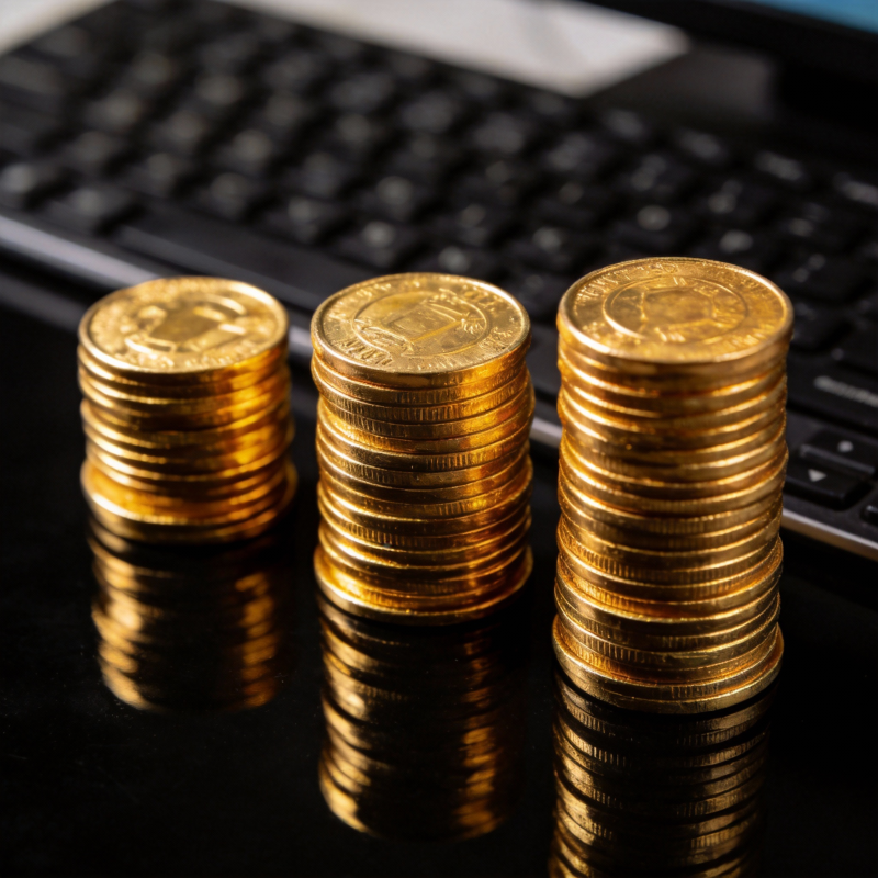 金币堆叠键盘前图片