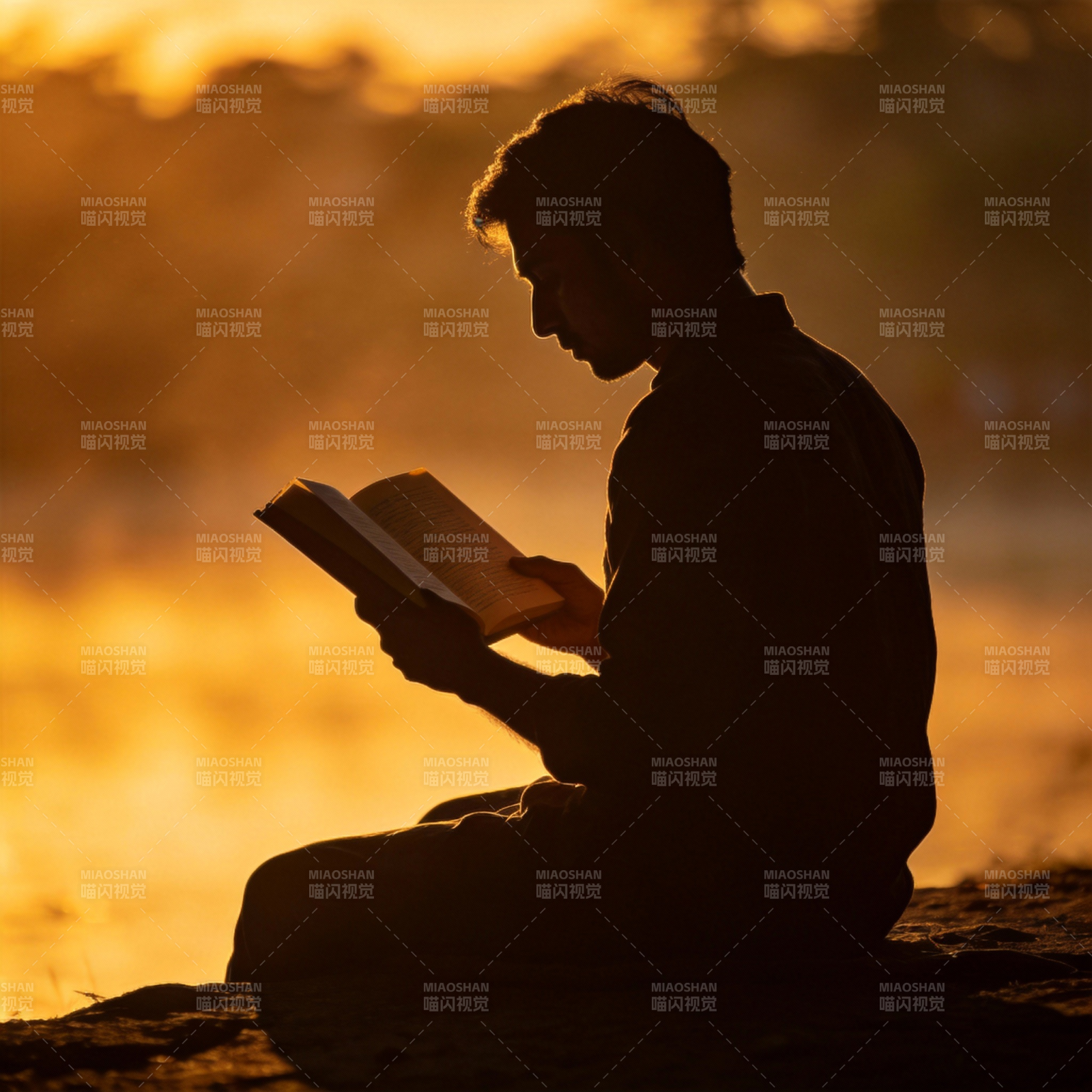 夕阳下读书的人图片