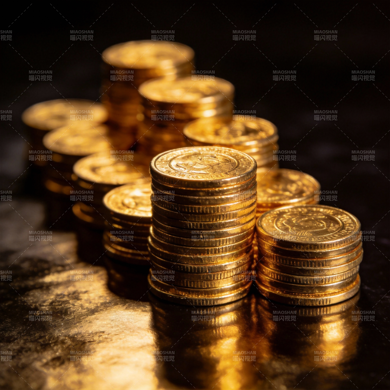 金币堆叠闪耀光芒图片