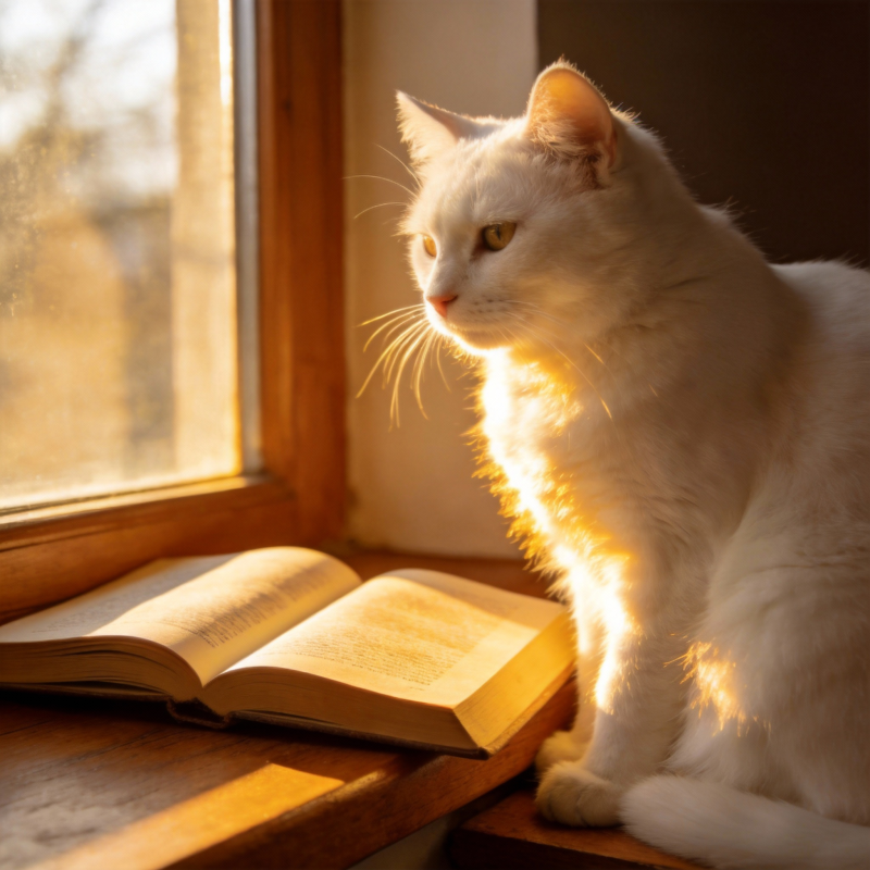 窗边读书的白猫图片
