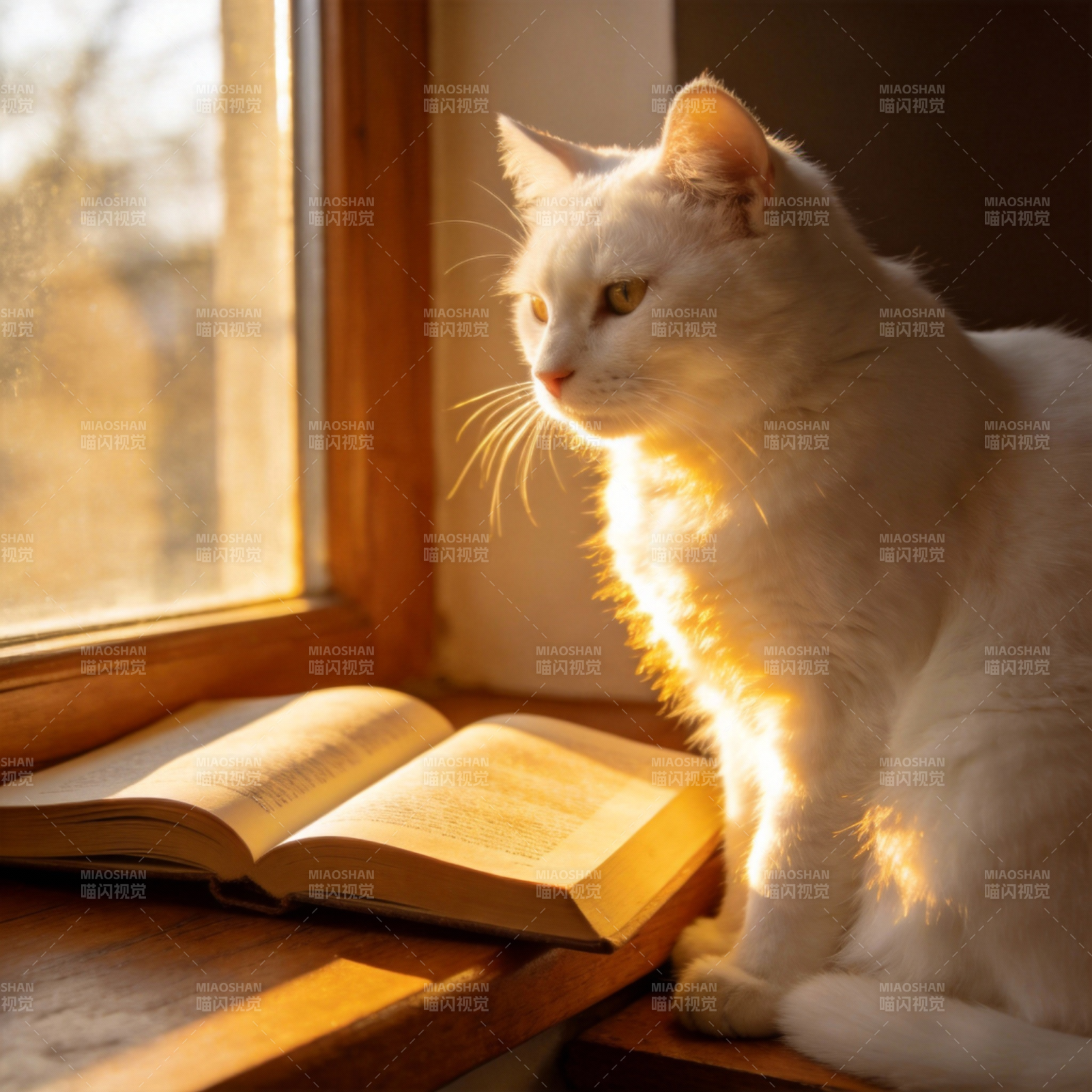窗边读书的白猫图片