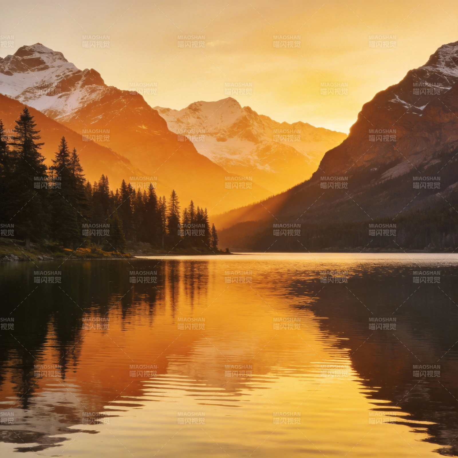 雪山湖光夕照图片