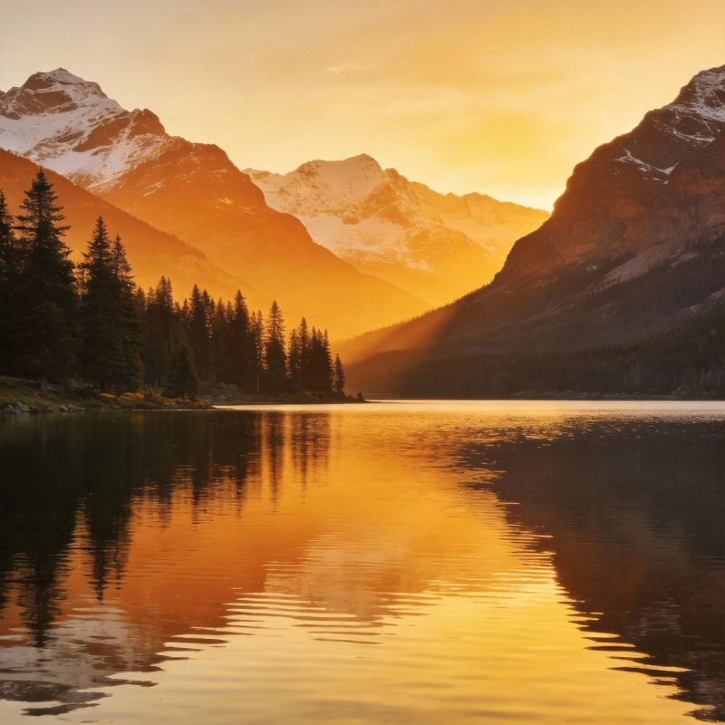 雪山湖光夕照图片
