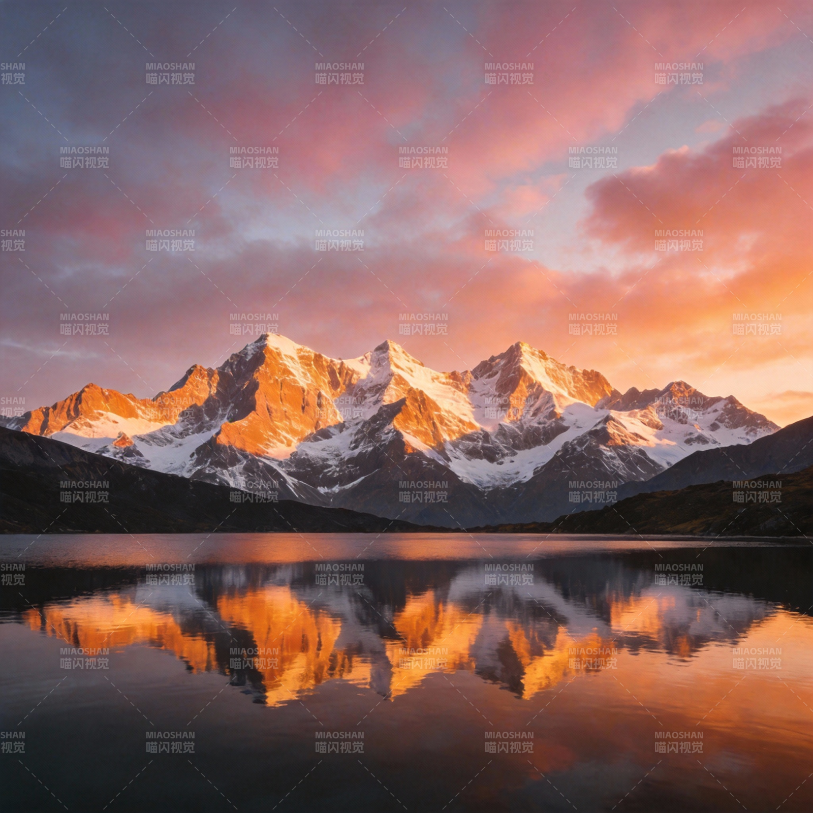 雪山映湖 霞光满天图片