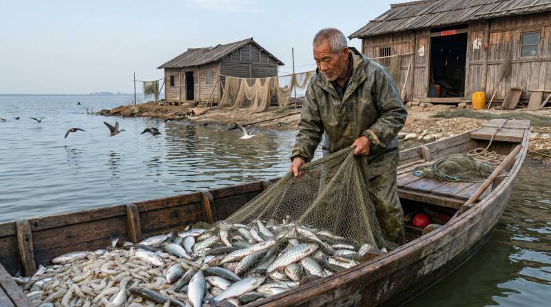 渔夫收网满载而归图片