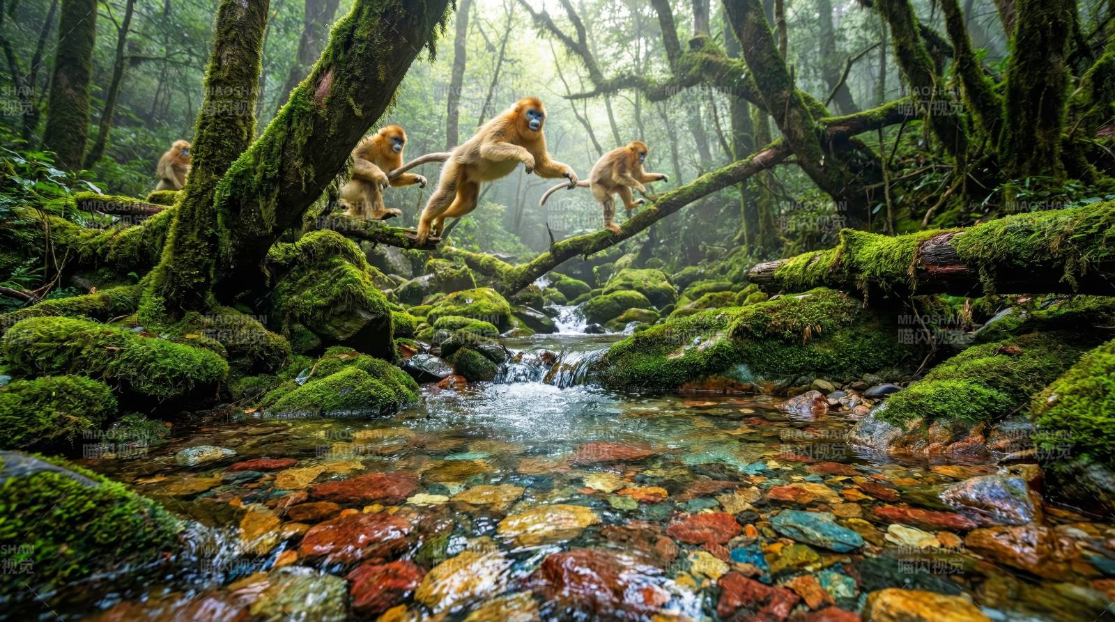 猴群戏水林间图片