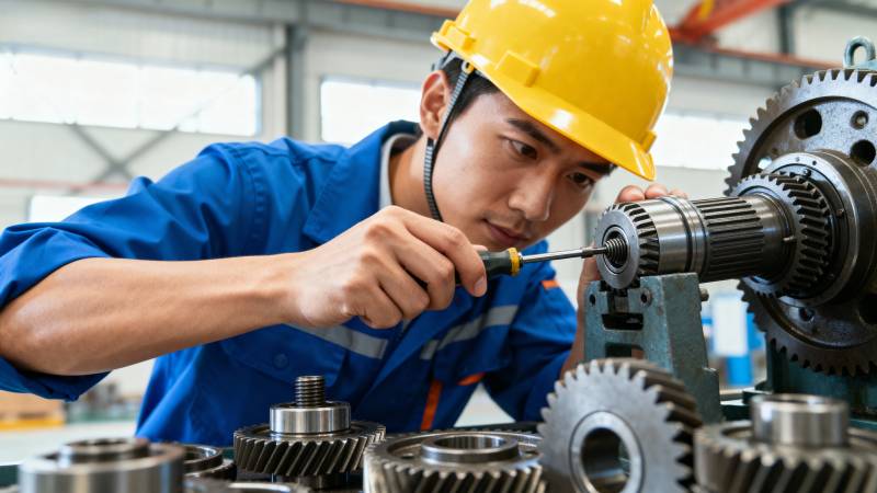 工人检修机械齿轮图片