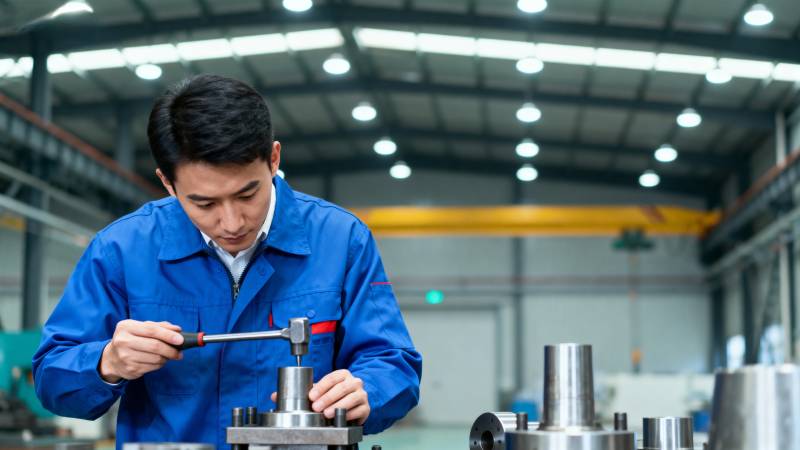 工人专注操作机械图片