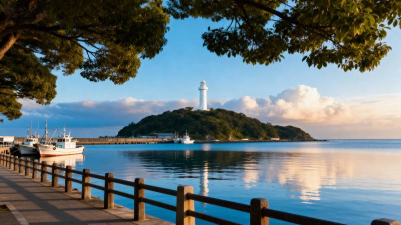 灯塔映水静谧景图片